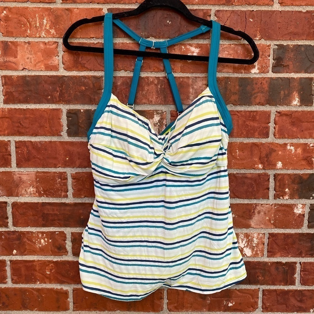 Title Nine Womens 38D Blue Green Stripe Racerback Strappy Swim Tankini